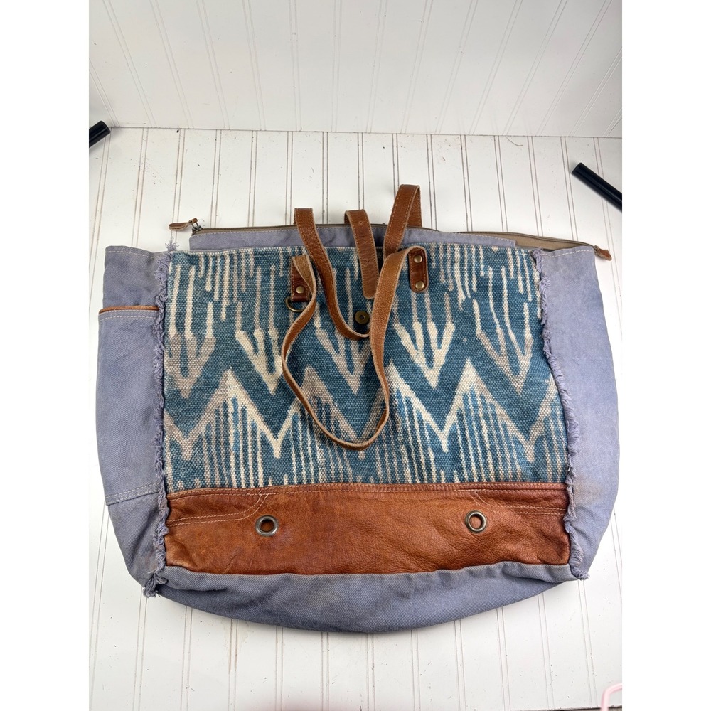 Myra Bag Beholden Blue Canvas Leather Oversized Boho Weekender Travel Bag - Picture 2 of 9